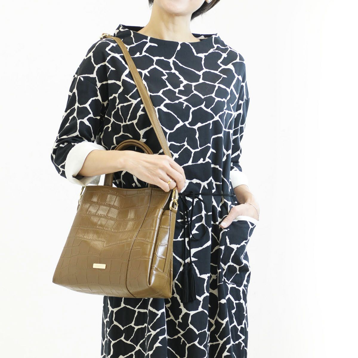 ハンドバッグ 2way クロコダイル型押し レザー