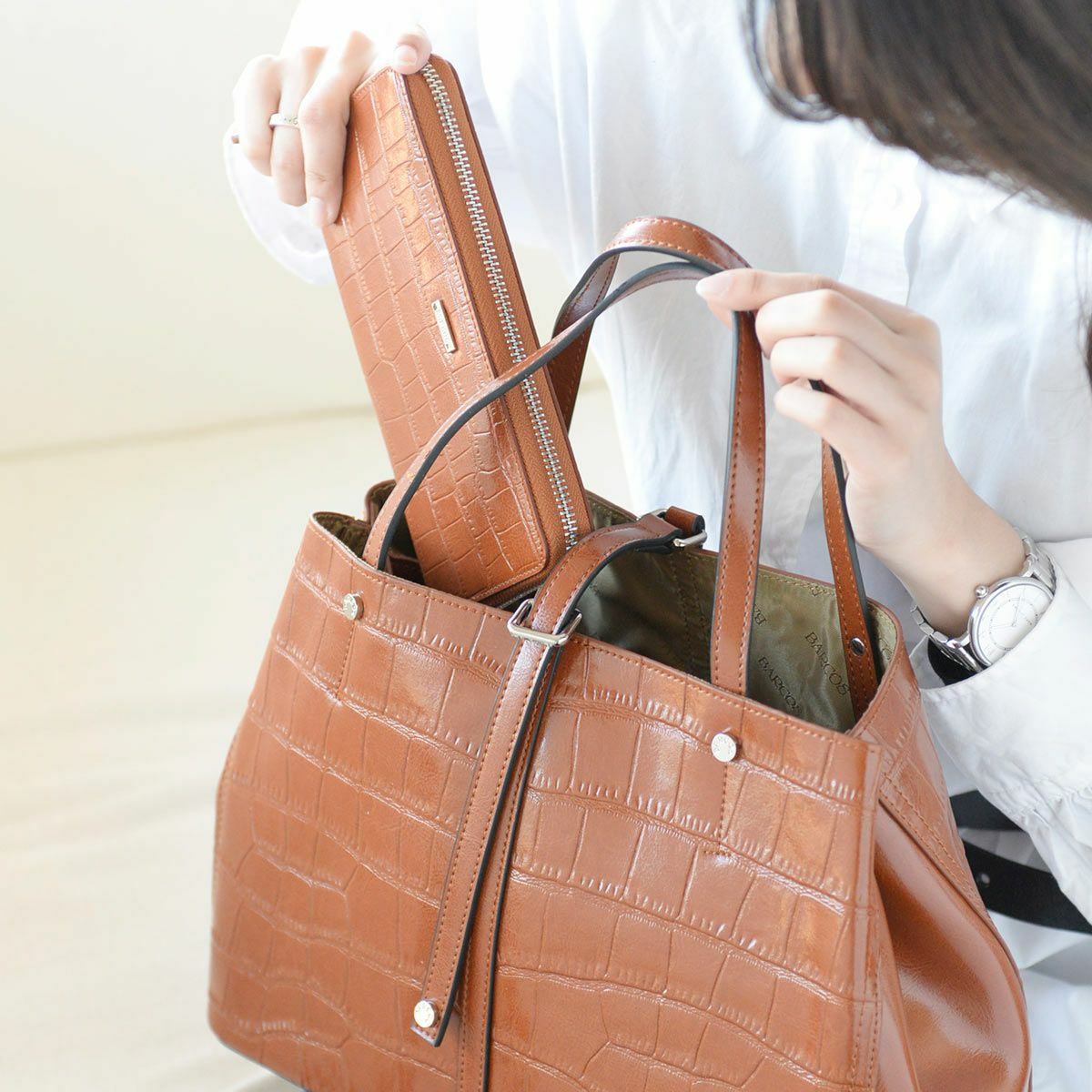 【セット商品】クロコダイル型押しシャイニングレザートート＆ロングウォレット