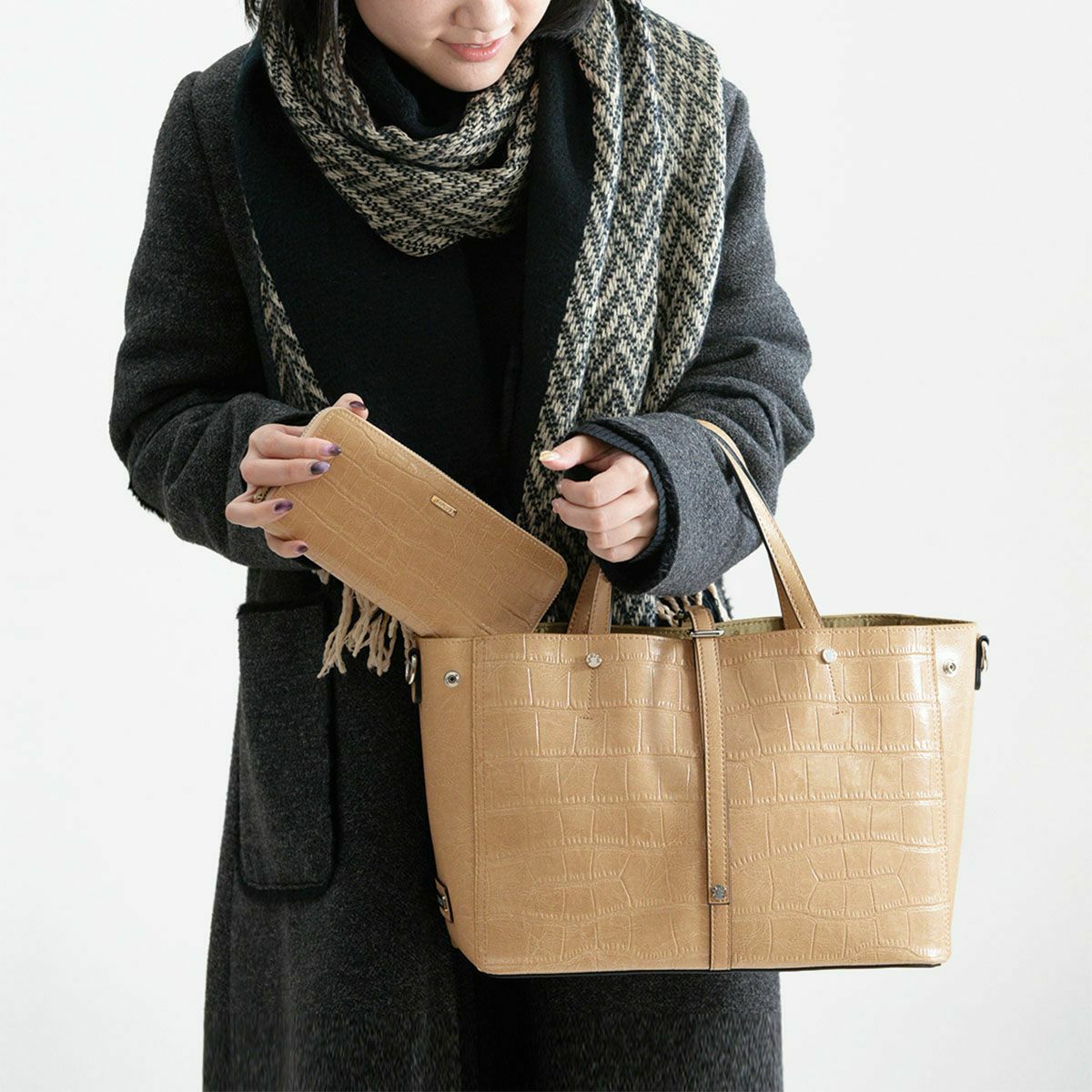 【セット商品】クロコダイル型押しシャイニングレザートート＆ロングウォレット