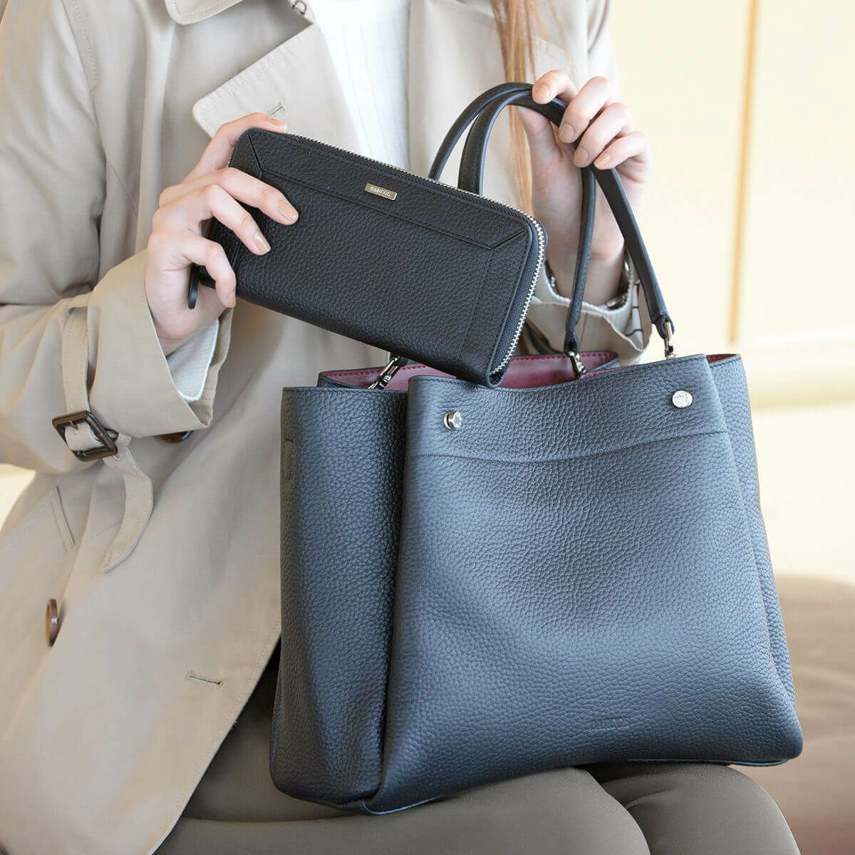 【セット商品】シュリンクレザー3wayハンドバッグ＆シュリンクレザー切替ロングウォレット