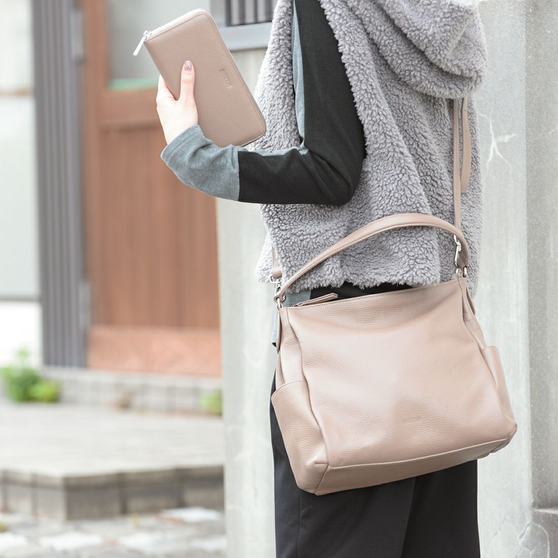 【セット商品】シュリンクレザーショルダーバッグ＆財布＜カジュアルセット＞