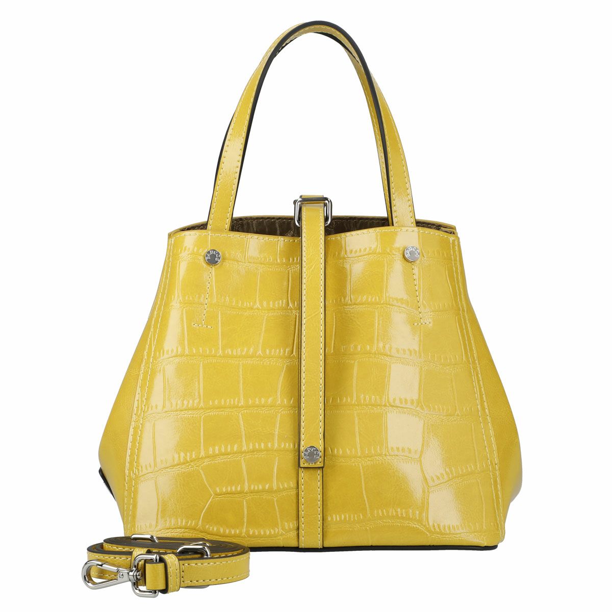 クロコダイル型押シャイニングレザーハンドバッグ