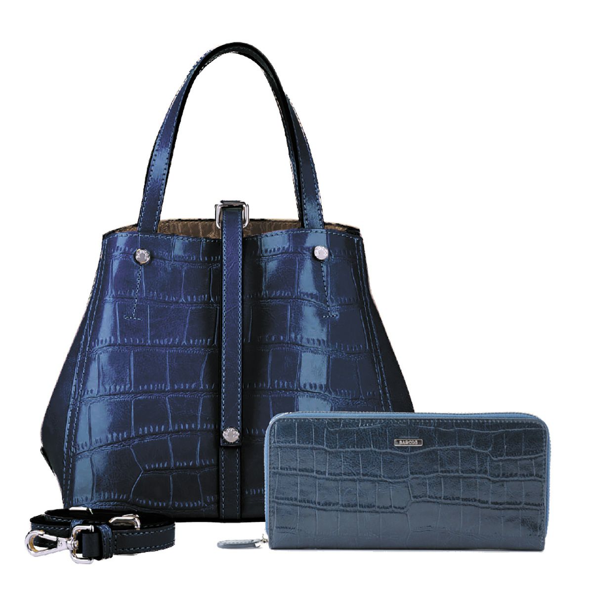 【セット商品】クロコダイル型押シャイニングミニレザーハンドバッグ＆ロングウォレット