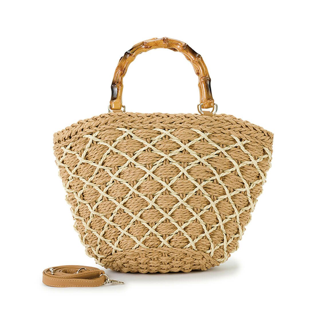 格子柄ウッドハンドル2wayかごバッグ