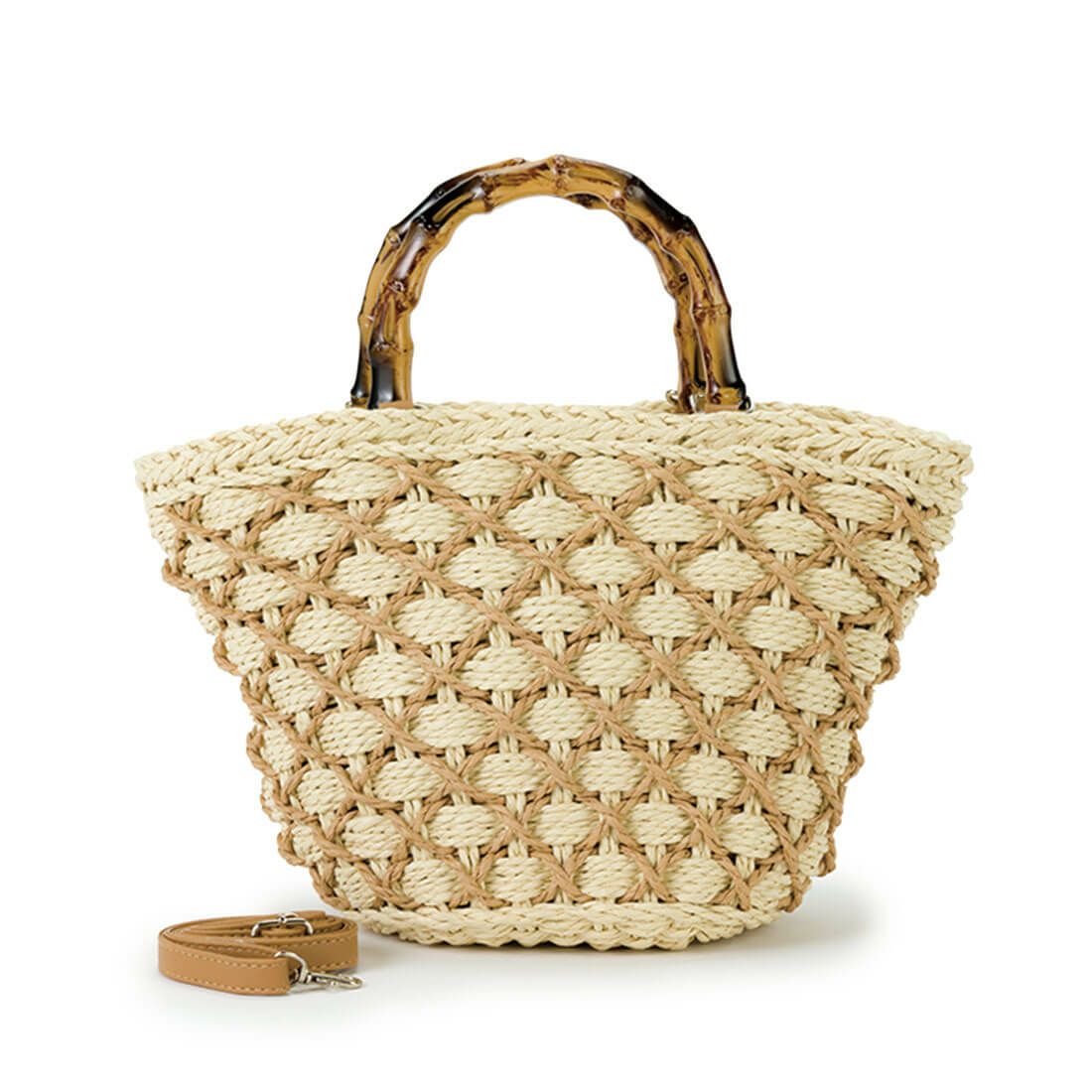 格子柄ウッドハンドル2wayかごバッグ