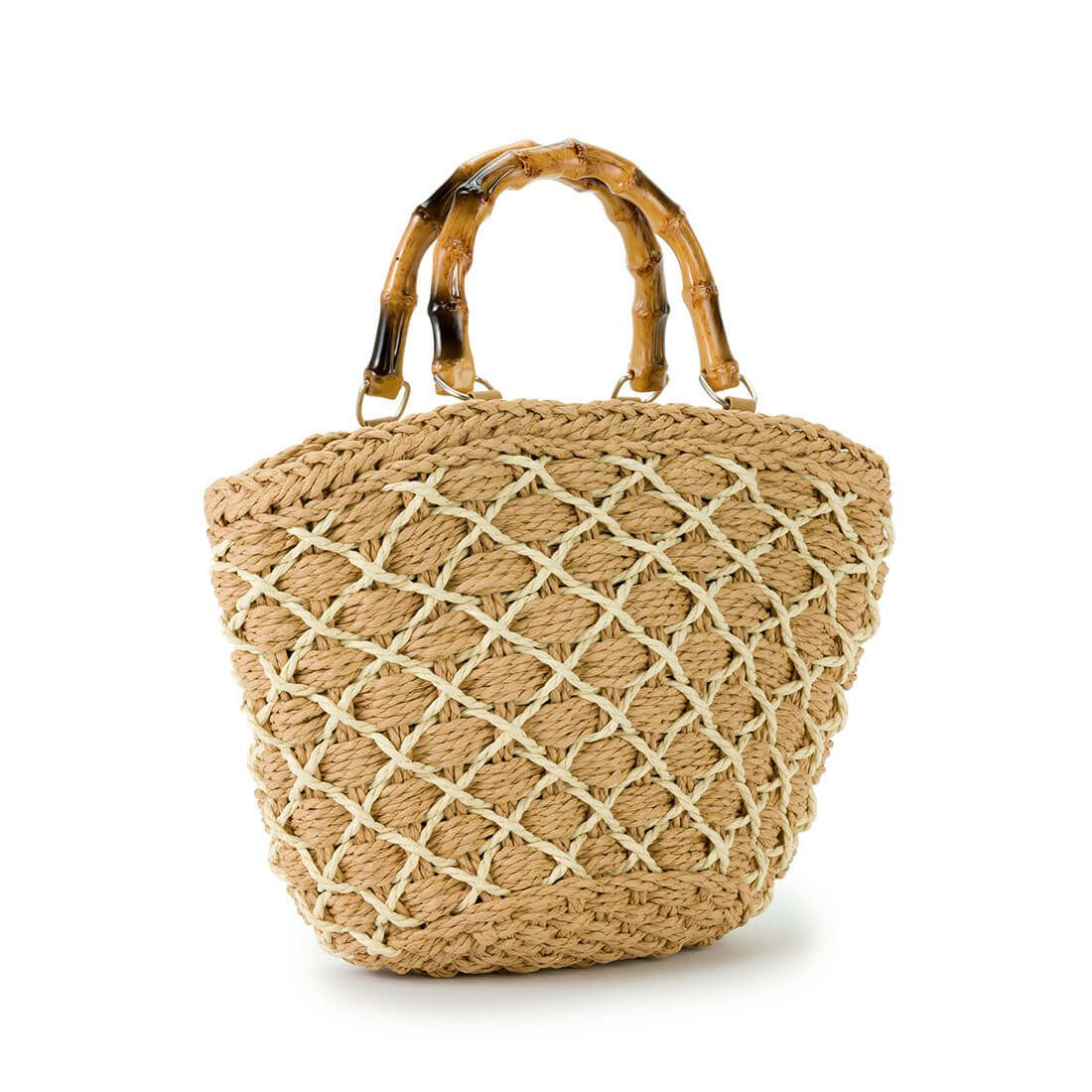 格子柄ウッドハンドル2wayかごバッグ