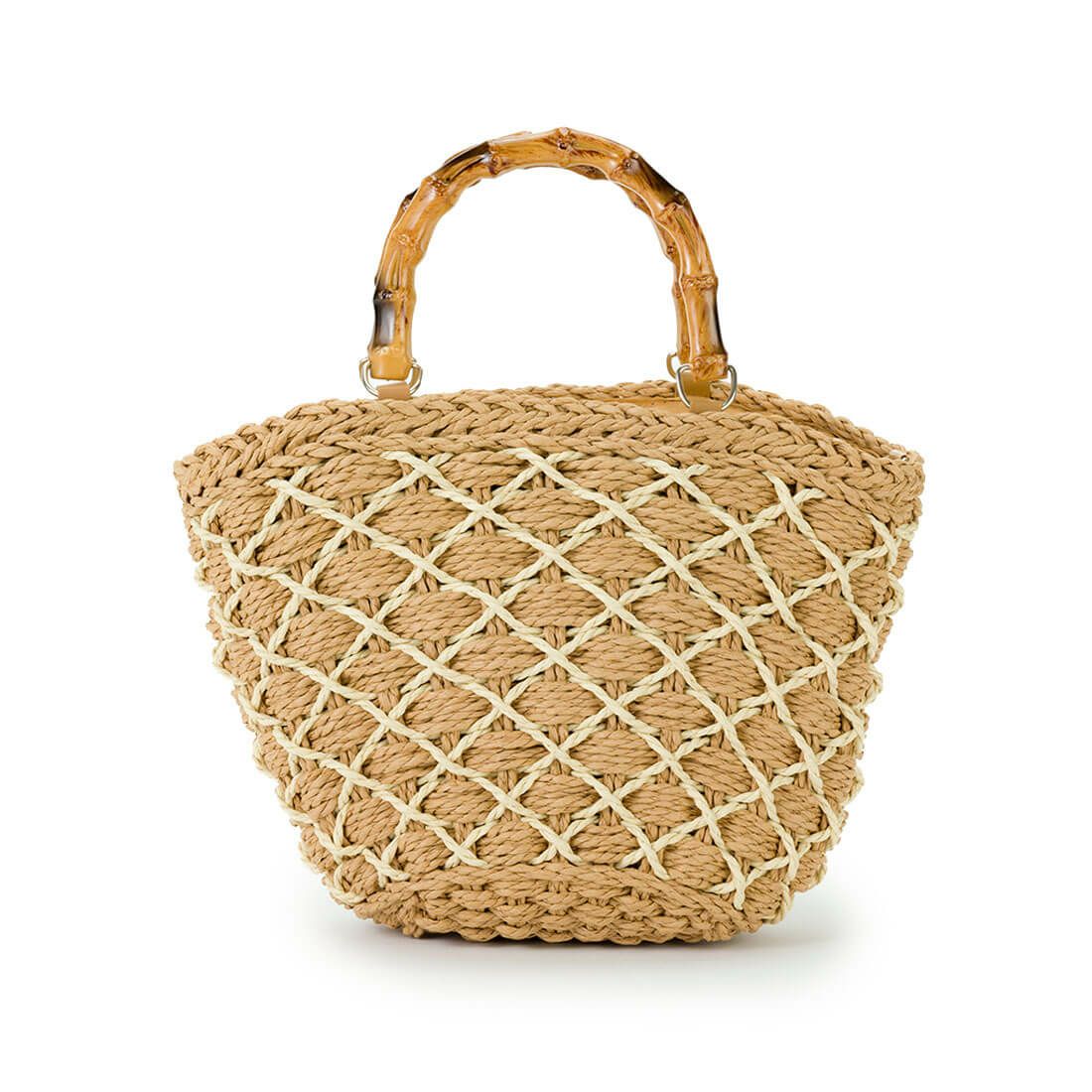 格子柄ウッドハンドル2wayかごバッグ