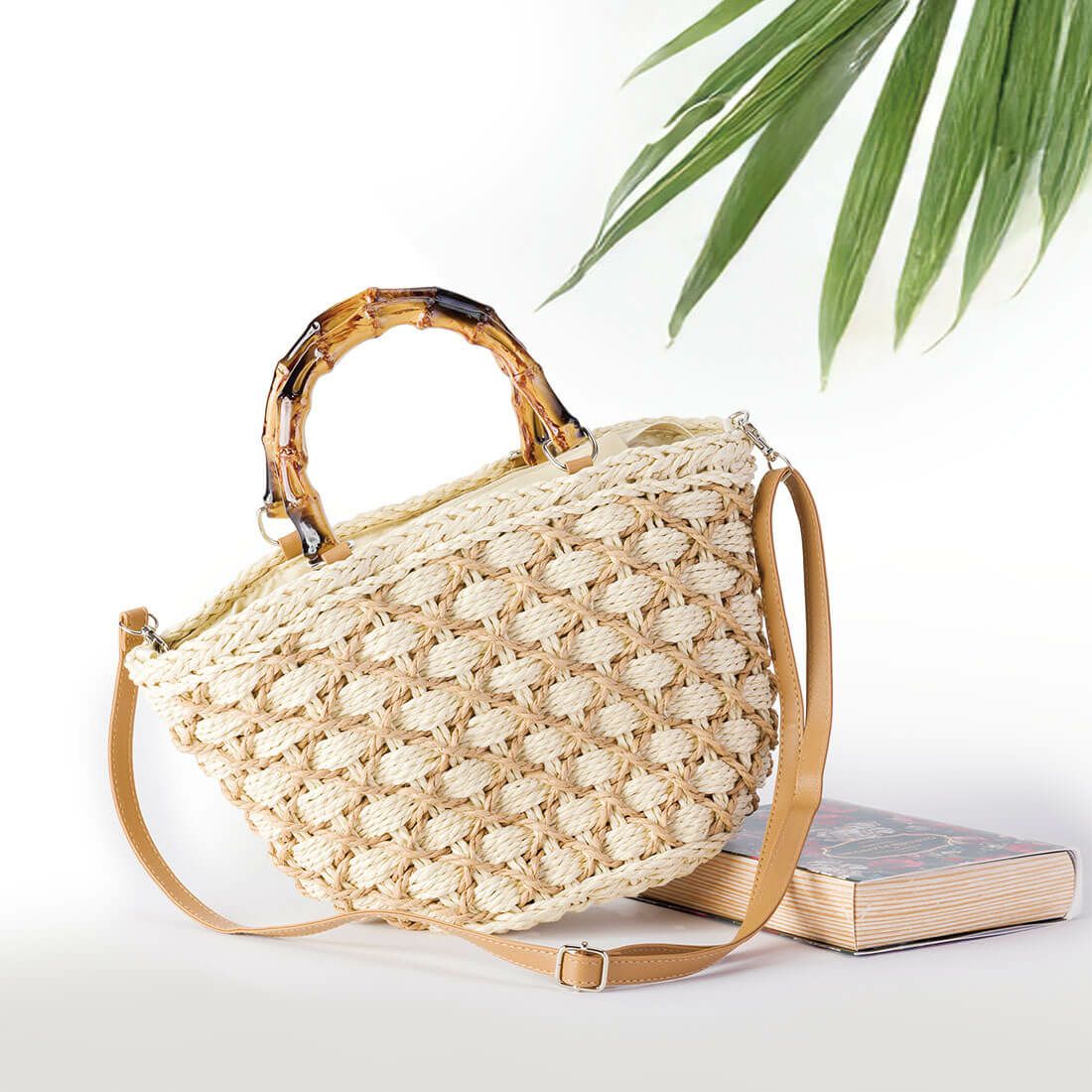 格子柄ウッドハンドル2wayかごバッグ