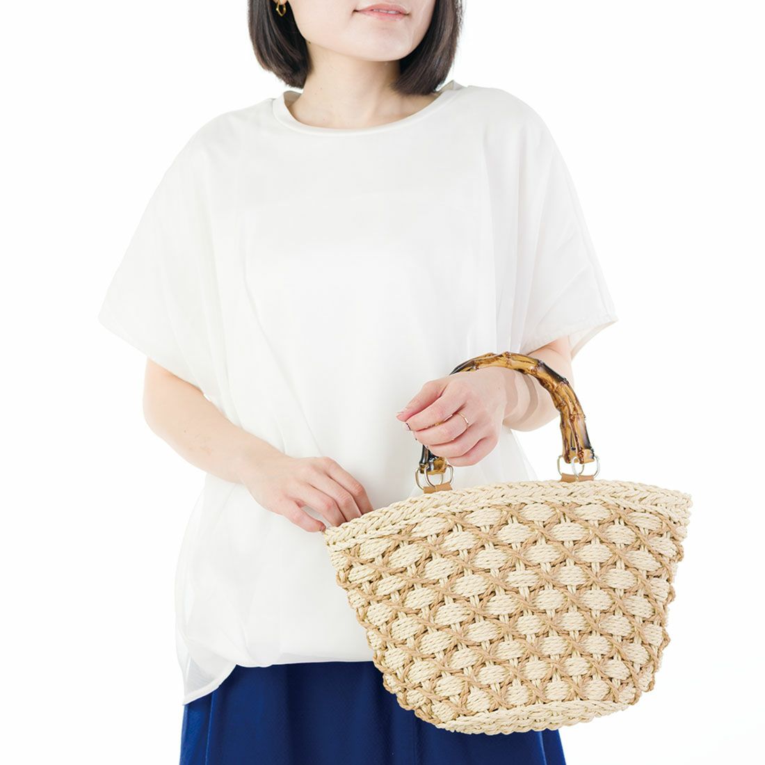 格子柄ウッドハンドル2wayかごバッグ