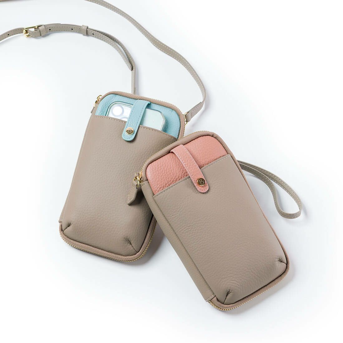 シュリンクレザーバイカラースマホポシェット